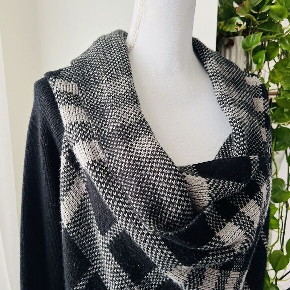 Venus Black & White Knitted Long Cowl Neck Side Button Cardigan Sweater Duster M - Picture 2 of 7